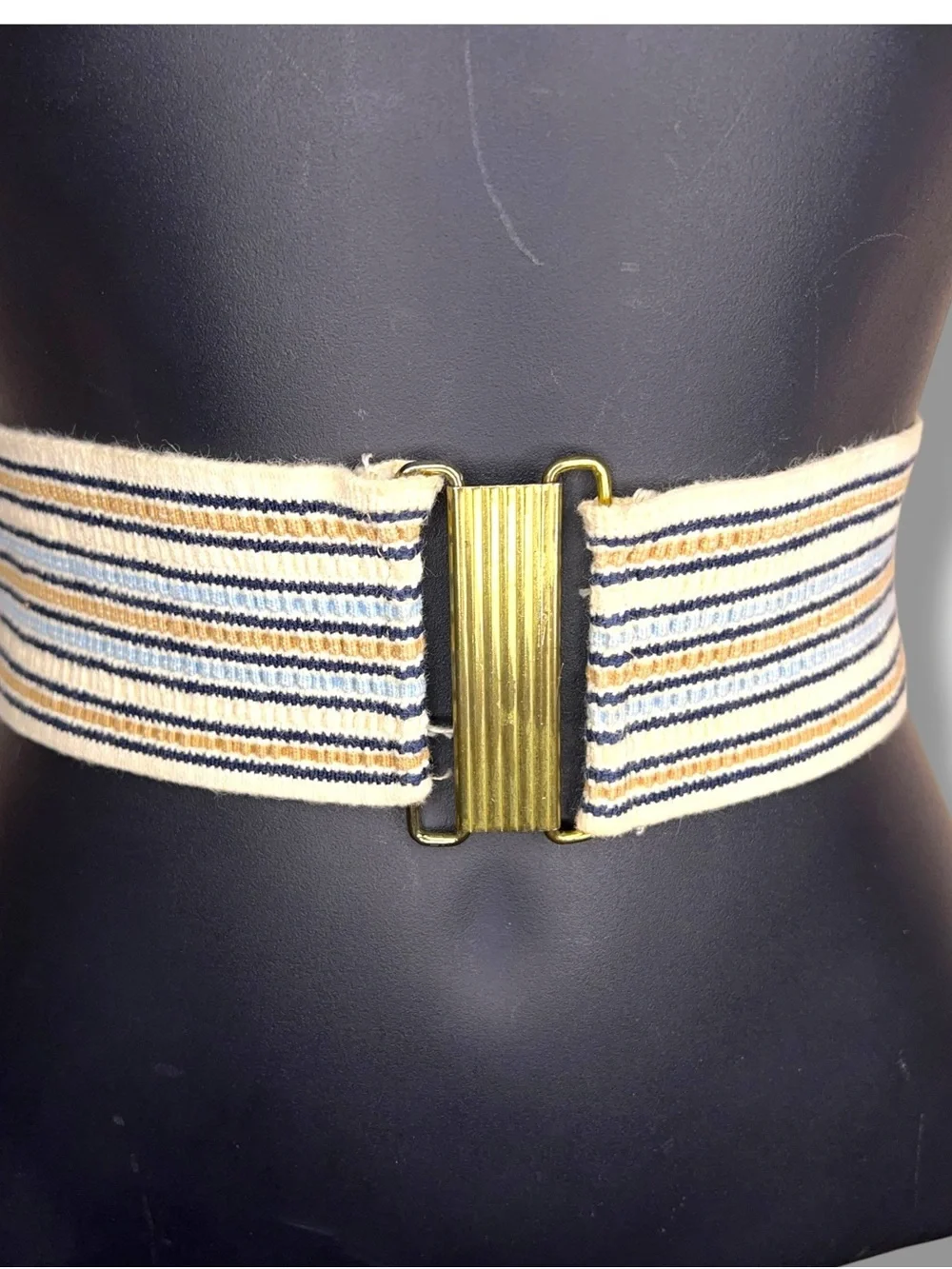 Vintage 70s Small Stretch Multicolored Belt Gold Buckle Brown Ivory Blue Stripes